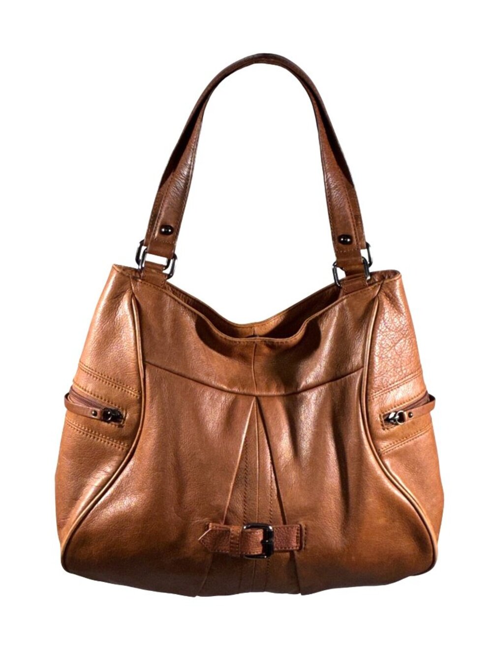 Perlina New York Womens Brown Leather hobo Shoulder Bag Zippered Pockets & Buckl